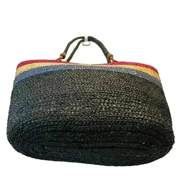 Multicolor Straw Tote Handbag w/ Wooden Beads - Picture 3 of 6